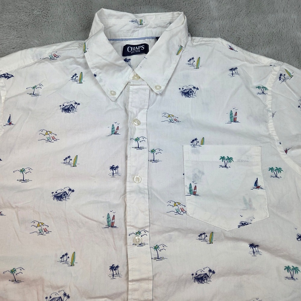 Chaps Beach Print Button Down Shirt Mens 2XL White Short‎ Sleeve Surf Tropical